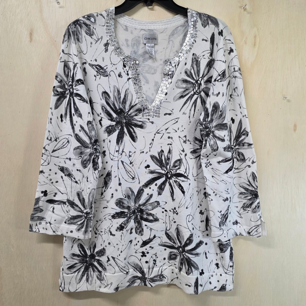 Chico's Size 2 Floral Sequin Split Neck Top Black White Silver 3/4 Sleeve Tunic
